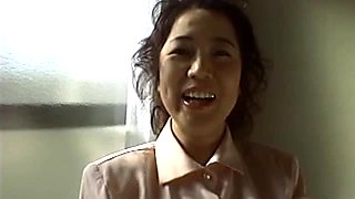 Ugly Japanese MILF plays with her tits and rubs her clit through panties